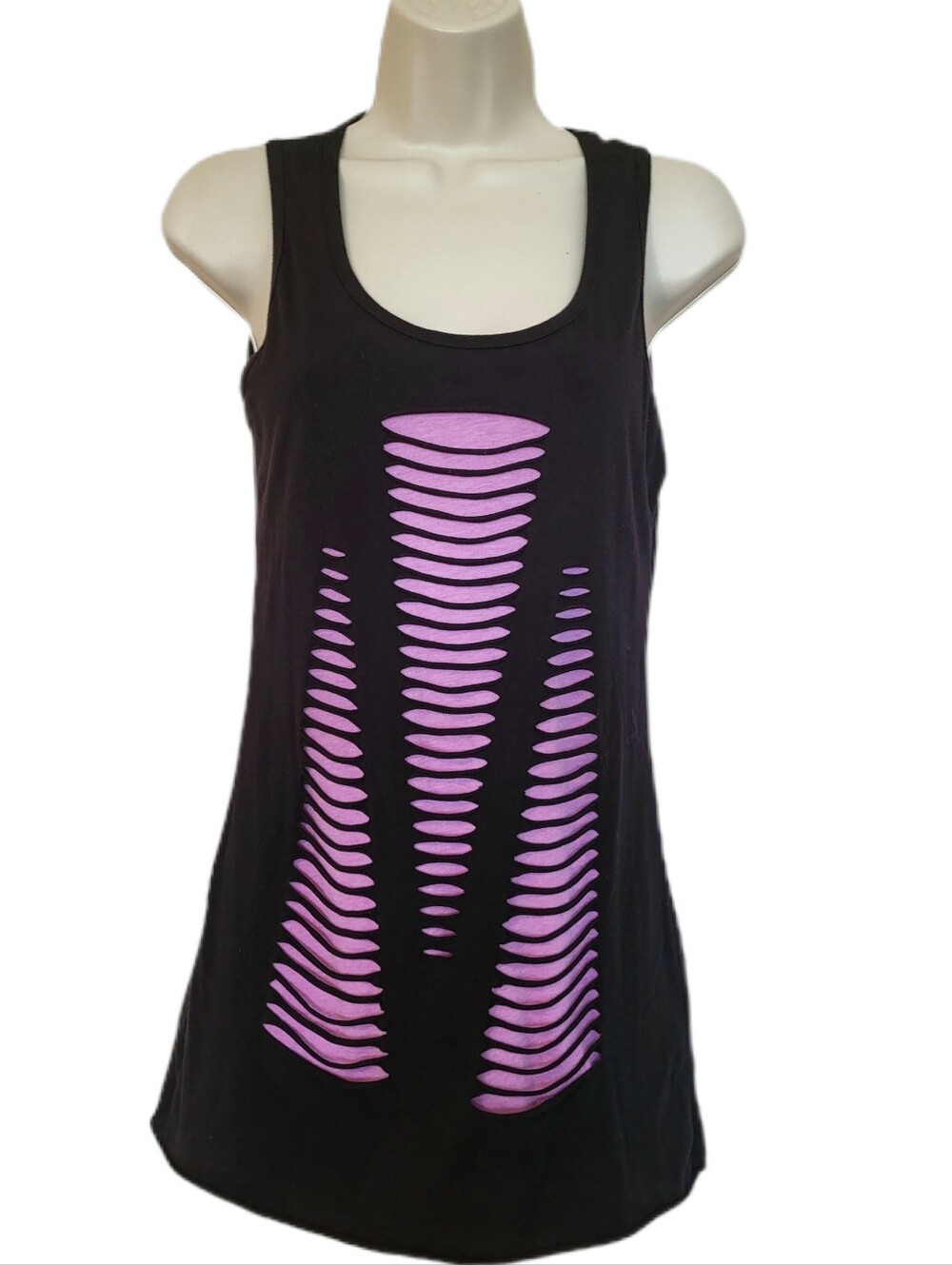 Women's Black Tank Top with V Shape Front & Pink Horizontal Cutouts Size Large